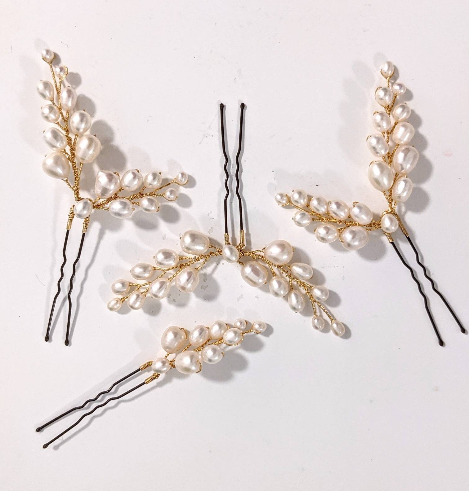 Set of 4 pearl wedding hair pins, Gold wired freshwater pearl branch