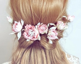 Bridal floral hair vine, Pink-peach peony hair vine, Bride hair piece, Wedding hair accessory, Flower hair accessory, Bridal peony hairpiece