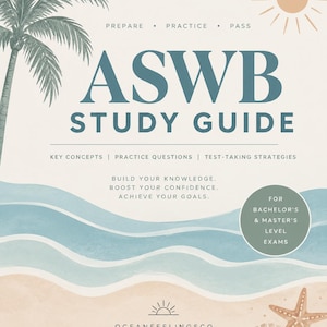 May include: An ASWB study guide cover featuring a palm tree, a sun, and ocean waves. Text includes: PREPARE • PRACTICE • PASS, ASWB STUDY GUIDE, KEY CONCEPTS | PRACTICE QUESTIONS | TEST-TAKING STRATEGIES, FOR BACHELOR'S & MASTER'S LEVEL EXAMS, OCEANFEELINGSCO.