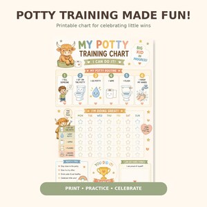 May include: A printable potty training chart featuring a cartoon highland cow, a routine checklist with numbered steps, a weekly progress grid with star icons, and sections for tips and achievements. The text reads POTTY TRAINING MADE FUN!