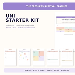 May include: A 22-page printable planner titled The Freshers Survival Planner and Uni Starter Kit. The document includes various templates for move-in, study, money, meals, social, and wellbeing, available in A4 and US Letter sizes for download.
