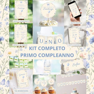 Può includere: Un kit completo per il primo compleanno con una palette di colori azzurro e crema, bordi floreali e un'illustrazione di un coniglietto. Il set include cartelli, topper per cupcake, striscioni, inviti digitali ed etichette con il nome Santiago.