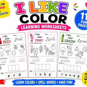 May include: A set of 11 learning worksheets titled I LIKE COLOR LEARNING WORKSHEETS. The pages feature black and white line drawings of objects for colouring, tracing exercises for the words red, pink, and green, and letter cut-out activities.