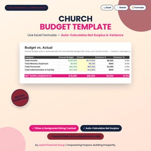 Könnte beinhalten: Eine digitale Kirchenbudgetvorlage mit einer Budget-vs.-Ist-Tabelle mit Spalten für Jahresbudget, Ist, Abweichung $ und Abweichung %. Das Layout enthält Textbeschriftungen für Excel, Sheets und Formulas sowie eine Nettoüberschusszeile.