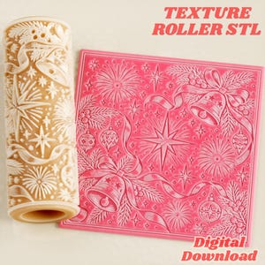 May include: A beige cylindrical texture roller and a square pink flat sheet, both featuring an embossed holiday pattern of bells, ribbons, stars, and ornaments. The text "TEXTURE ROLLER STL" and "Digital Download" appear in red.