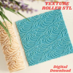 May include: A beige cylindrical texture roller featuring a raised wave pattern alongside a square teal sheet of material embossed with the same wave design. The image includes the text TEXTURE ROLLER STL and Digital Download.