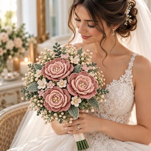 May include: A bridal bouquet featuring three large crocheted dusty pink roses with pearl centers, surrounded by smaller white crocheted flowers, green crocheted leaves, and clusters of small cream-colored berries, all tied with a cream ribbon handle.