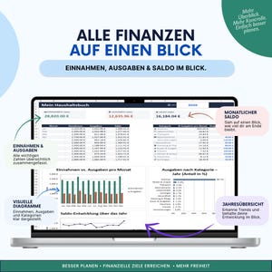 May include: A digital spreadsheet displayed on a laptop screen titled Mein Haushaltsbuch 2026, featuring financial data tables, bar charts, and line graphs tracking income, expenses, and monthly balances with German text labels throughout the interface.