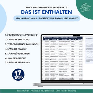 May include: A digital household budget spreadsheet displayed on a laptop screen. The interface features a transaction log with columns for date, category, description, type, and amount. Text includes ALLES, WAS DU BRAUCHST, IN EINER DATEI, DAS IST ENTHALTEN, and 17 TABS.