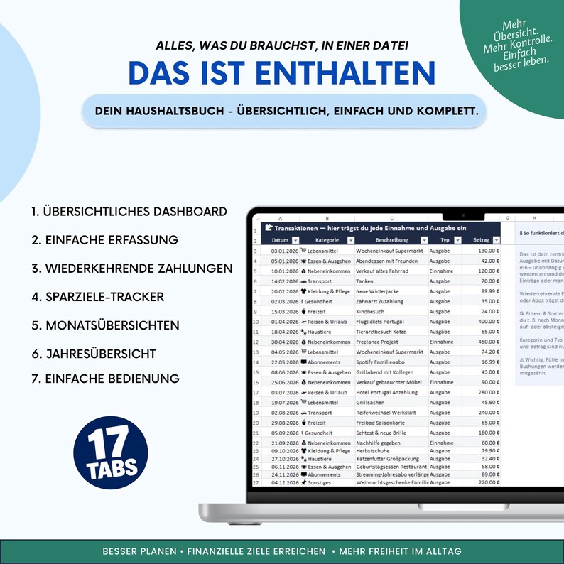 May include: A digital household budget spreadsheet displayed on a laptop screen. The interface features a transaction log with columns for date, category, description, type, and amount. Text includes ALLES, WAS DU BRAUCHST, IN EINER DATEI, DAS IST ENTHALTEN, and 17 TABS.