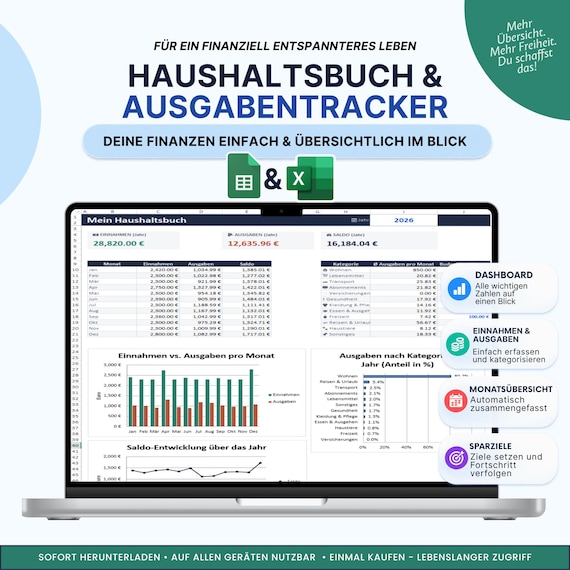 Haushaltsbuch Excel & Google Sheets Deutsch – Einfach und schnell für Einnahmen, Ausgaben und Sparziele
