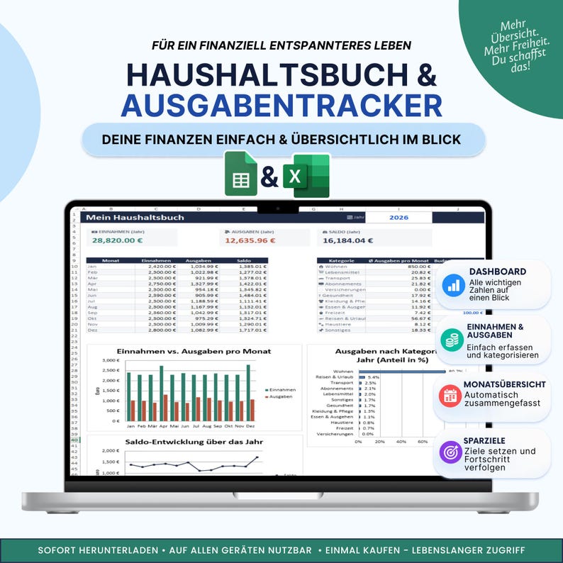 May include: A digital household budget and expense tracker spreadsheet displayed on a laptop screen. The interface features tables, bar charts, and line graphs showing financial data in Euros, with icons for Excel and Google Sheets software.