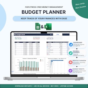 May include: A digital budget planner displayed on a laptop screen, featuring the text "BUDGET PLANNER" and "KEEP TRACK OF YOUR FINANCES WITH EASE." The spreadsheet includes income, expenses, and balance tables, along with bar and horizontal charts.