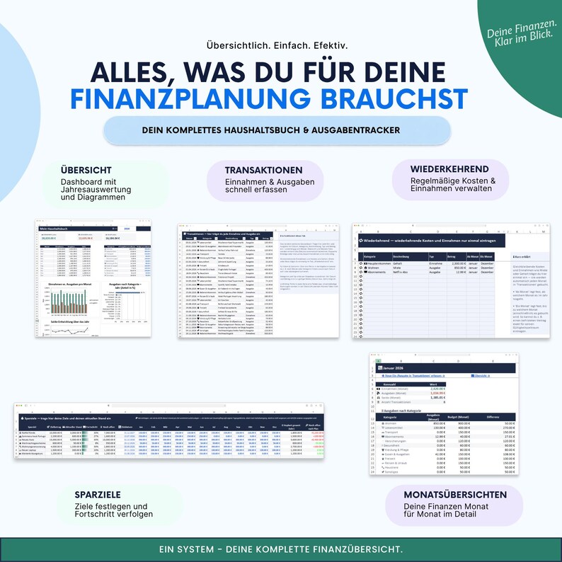 May include: A digital financial planning spreadsheet system featuring a dashboard, transaction tracker, recurring expense manager, savings goals tracker, and monthly overviews. The text includes "ALLES, WAS DU F&Uuml;R DEINE FINANZPLANUNG BRAUCHST".