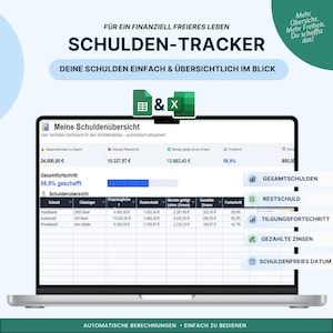 May include: A digital debt tracker spreadsheet displayed on a laptop screen. The interface features columns for creditors, original debt, remaining balance, paid interest, and progress. Icons for Google Sheets and Excel are shown above the screen.