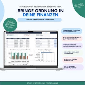 May include: A laptop screen displaying a financial management spreadsheet titled Mein Haushaltsbuch. The interface includes tables for monthly income and expenses, bar charts comparing monthly data, and a category breakdown for the year 2020.