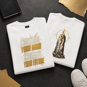 Control Your Mind Create Your Future crewneck sweatshirt | Inspirational Typography, Back Flame Rock Graphic