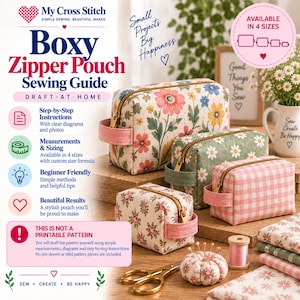 Puede incluir: Una guía de costura para un estuche con cremallera, que muestra cuatro estuches de tela con estampados florales y de cuadros, cremalleras doradas y asas laterales, incluyendo instrucciones para crear cuatro tamaños diferentes en casa.