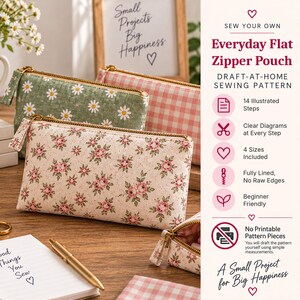 Zipper Pouch Sewing Pattern, Flat Zipper Pouch Guide, Beginner Sewing Project, Draft-at-Home Pouch Tutorial