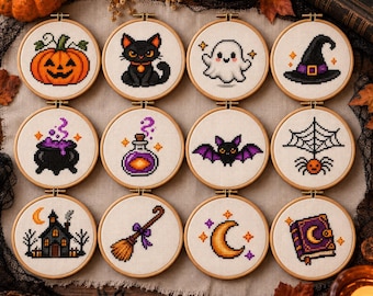 May include: Twelve circular wooden embroidery hoops containing cross-stitch patterns featuring Halloween motifs: a pumpkin, black cat, ghost, witch hat, cauldron, potion bottle, bat, spider on a web, haunted house, broomstick, crescent moon, and spellbook.