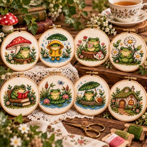 Korsstygnsmönster med grodor, Frogcore korsstygn i PDF-format, broderimönster med söta grodor, Cottagecore korsstygn, minimönster