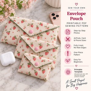 May include: Three envelope pouches in varying sizes made of cream fabric with a red strawberry and white flower print. Each pouch features a triangular flap secured with a pink snap button. Text on the right reads SEW YOUR OWN Envelope Pouch.