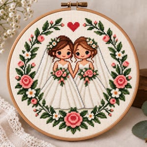 May include: A circular wooden embroidery hoop containing a cross-stitch pattern of two figures in white wedding dresses and veils, holding pink bouquets. They are framed by a floral wreath of green leaves, pink roses, and white flowers with a red heart.