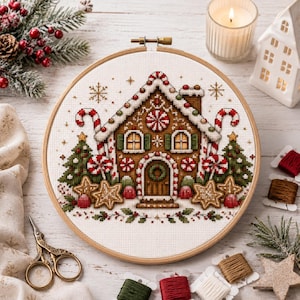 May include: A circular wooden embroidery hoop containing a cross-stitch pattern of a gingerbread house. The house features candy cane accents, peppermint swirls, green trees, and star-shaped cookies on a white fabric background with snowflakes.