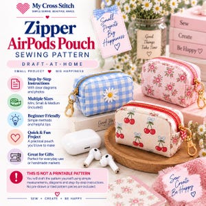 May include: A sewing pattern for a Zipper AirPods Pouch featuring text and illustrations of three small fabric pouches in blue gingham, pink floral, and cherry prints. The pattern includes step-by-step instructions for mini, small, and medium sizes.