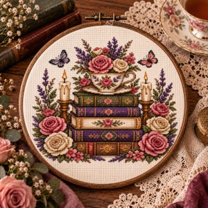 May include: A circular embroidery hoop containing a cross-stitch design of a teacup filled with pink and white roses, resting on a stack of four colorful books. Two lit candles, lavender sprigs, and two small butterflies frame the central stack.