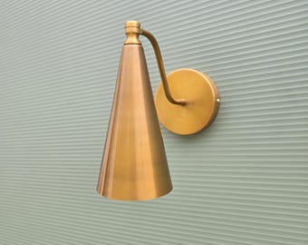 Brass Wall Sconce | Tapered Cone Shade | Mid Century Modern Light | Plug In Fixture | Curved Arm | Solid Brass | Home Décor