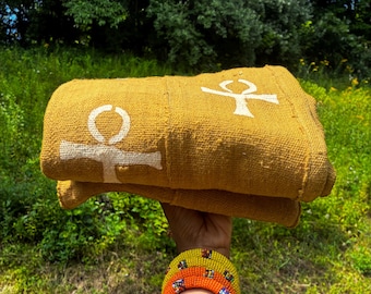 Tela de barro africana auténtica ANKH, RARA / Mostaza y blanco / Hecha en Mali / 66' x 40'