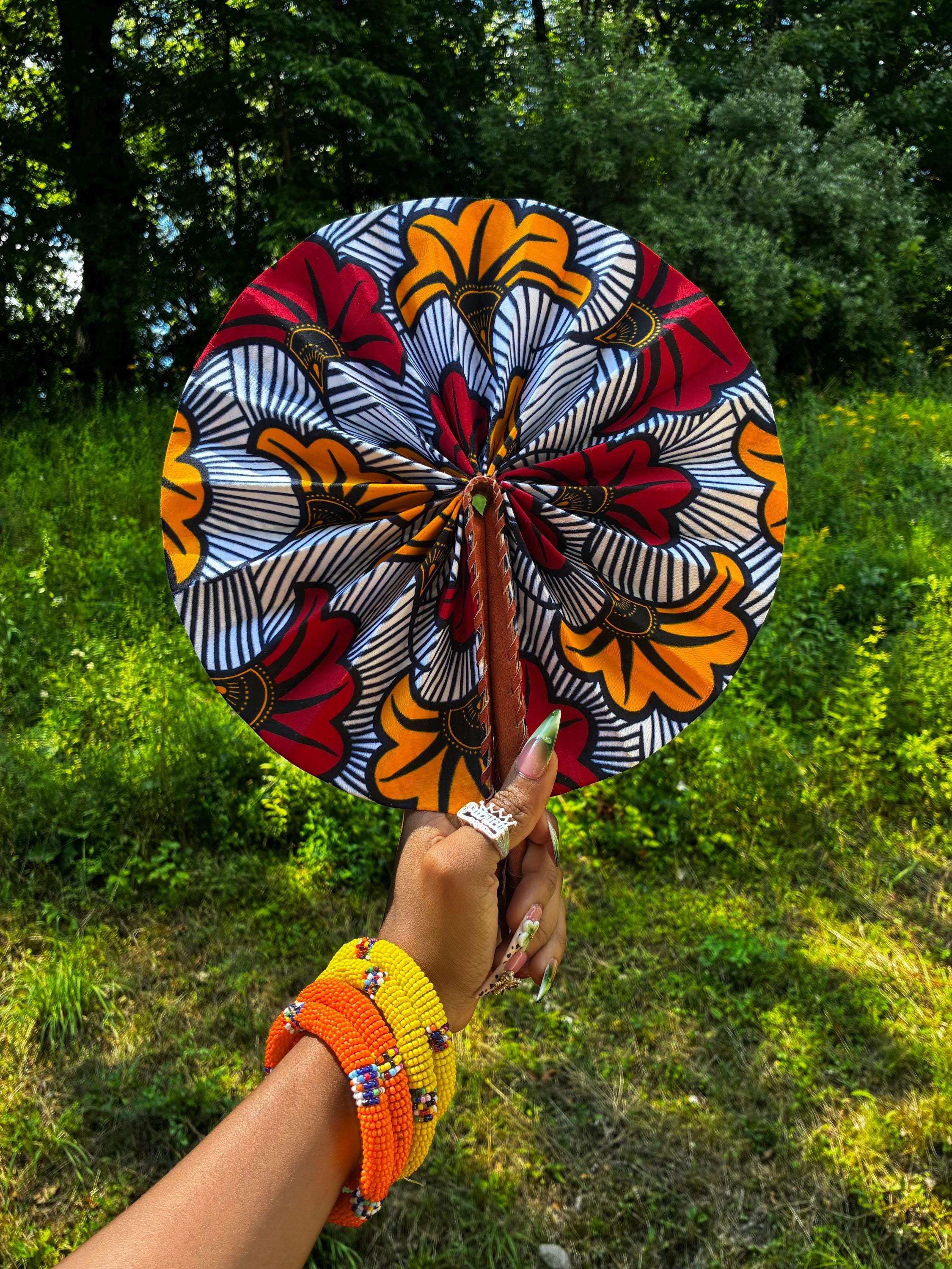 Ankara Fabric Foldable Fan Leather Trim Handle Made in Ghana