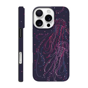 May include: A dark purple phone case featuring a line art illustration of two jellyfish in shades of pink, white, and light blue. The design includes scattered dots and flowing tentacles across the back and side, with cutouts for the camera lens.