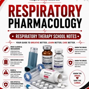 May include: An educational poster titled Respiratory Pharmacology featuring a blue inhaler, a brown vial of Albuterol Sulfate, a clear vial of Budesonide, a white bottle of Acetylcysteine tablets, and a blister pack of pills on a white background.