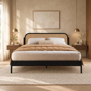 Bed Frame, Solid Wood Platform Bed, Queen & King Bed Frame, Acacia Wood Bed, Rattan Headboard, Modern Boho Bedroom Furniture