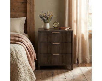 Nightstand with 3 Drawers, Mid-Century Modern Bedside Table with Fluted Texture, 23.7" Wide Wood End Table with Handles for Bedroom