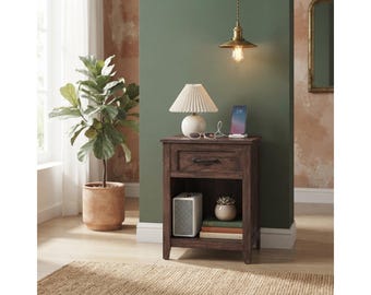 Night Stand with Charging Station, 1 Drawer Bedside Table, Wooden Nightstand, Modern Bedside Cabinet, Rustic Side Table, Bedroom Furniture