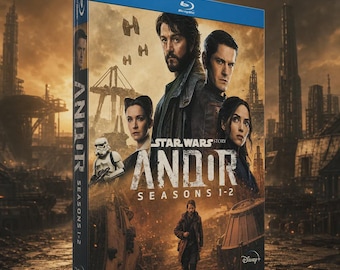 May include: A Blu-ray box set of Star Wars Story Andor Seasons 1-2 featuring a cast of characters, a stormtrooper, and TIE fighters against a war-torn landscape. The cover displays the title Andor in large white letters with the Disney+ logo.