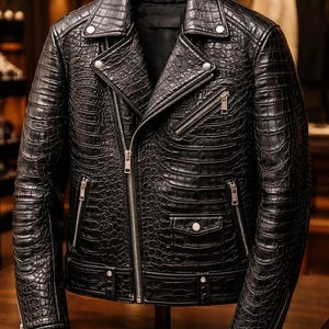 Könnte beinhalten: Eine schwarze Motorradjacke mit texturiertem Krokodilledermuster. Die Jacke verfügt über ein breites Revers mit silberfarbenen Metalldruckknöpfen, einen asymmetrischen Frontreißverschluss, zwei seitliche Reißverschlusstaschen, eine kleine Pattentasche und Reißverschlüsse an den Ärmelbündchen.