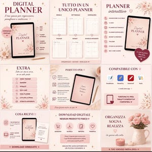 Può includere: Un set di planner digitale con un tablet che mostra una copertina floreale, vari layout di pagina mensili, settimanali e giornalieri, icone di compatibilità per app e testo informativo in italiano per l'organizzazione.
