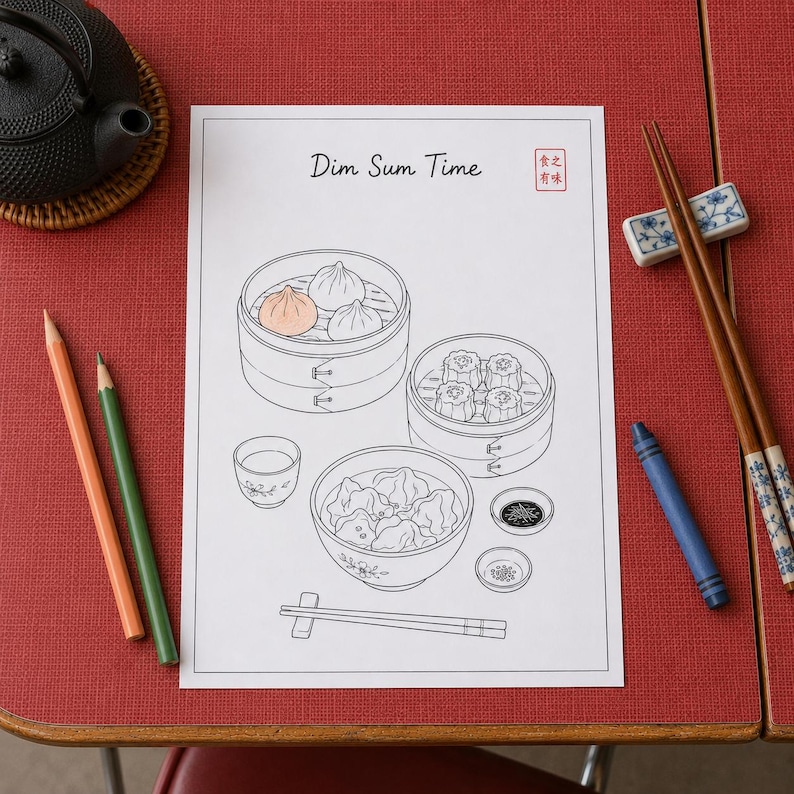 May include: A white coloring page titled Dim Sum Time featuring line art of bamboo steamers with dumplings, a bowl of wontons, and small dipping bowls. One dumpling is colored light pink. The page includes a red stamp with Chinese characters.