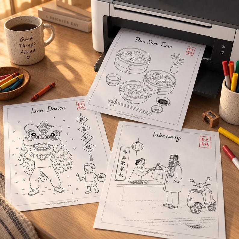 May include: Three white coloring pages featuring black line art illustrations titled Dim Sum Time, Lion Dance, and Takeaway. The pages show scenes of dim sum, a lion dance performance, and a food pickup. A printer, a mug, and crayons are nearby.