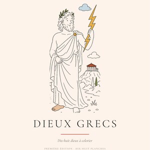 Może przedstawiać: Okładka kolorowanki zatytułowana WORLDS WORTH COLORING i DIEUX GRECS. Ilustracja przedstawia brodatą postać w todze z wieńcem laurowym, trzymającą ż&oacute;łtą błyskawicę, ze świątynią na wzg&oacute;rzu oraz napisem Dix-huit dieux &agrave; colorier.