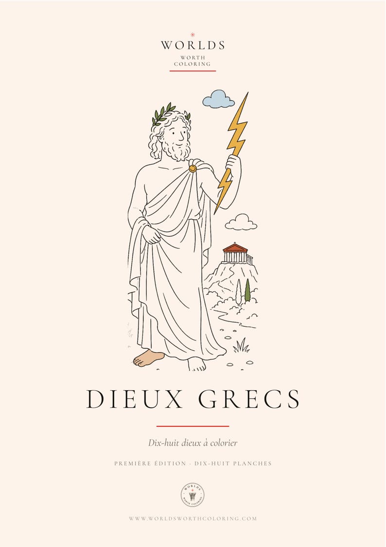 Może przedstawiać: Okładka kolorowanki zatytułowana WORLDS WORTH COLORING i DIEUX GRECS. Ilustracja przedstawia brodatą postać w todze z wieńcem laurowym, trzymającą ż&oacute;łtą błyskawicę, ze świątynią na wzg&oacute;rzu oraz napisem Dix-huit dieux &agrave; colorier.