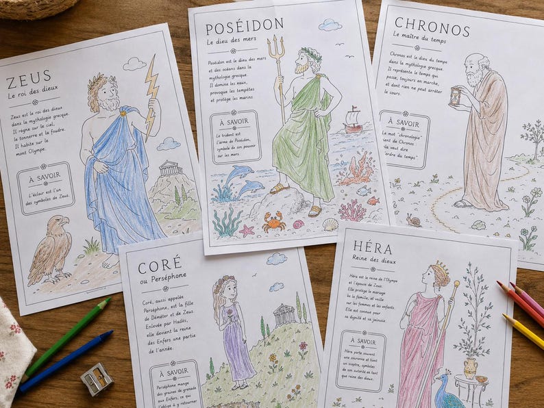 Może przedstawiać: Pięć arkuszy edukacyjnych z ilustracjami greckich postaci mitologicznych: Zeusa, Posejdona, Kronosa, Kore i Hery. Każda strona zawiera kolorowy rysunek b&oacute;stwa, opisowy tekst w języku francuskim oraz ramkę z napisem A SAVOIR.