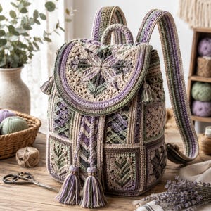 May include: A handcrafted crochet backpack featuring a patchwork design in muted shades of lavender, sage green, and cream. The bag includes a rounded flap with a floral motif, two adjustable shoulder straps, and a drawstring closure with two tassels.