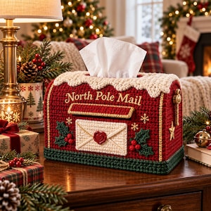 May include: A red crochet tissue box cover shaped like a mailbox with the text North Pole Mail, featuring a white envelope motif with a red heart seal, green holly leaves, red berries, a gold star, and a white textured top resembling snow.