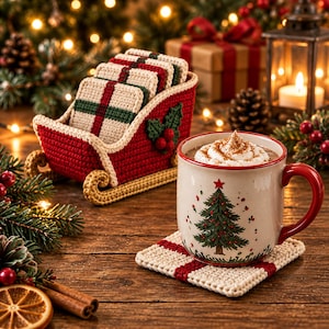 May include: A ceramic mug with a red handle and a Christmas tree illustration, filled with whipped cream, resting on a square crocheted coaster. Beside it sits a red crocheted sleigh holder containing several matching square coasters.