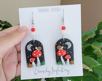 Clay Fall Mushroom Earrings, Autumn Earrings, Night Earrings, Polymer Clay Earrings, Polymer Clay, Cottage Core, Charm Earrings, Mushrooms